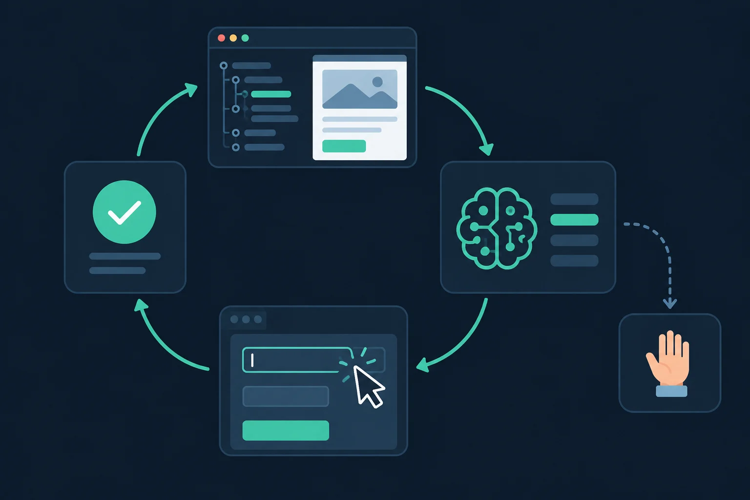 Agentic browser control loop from page perception through model planning, browser action, and result check