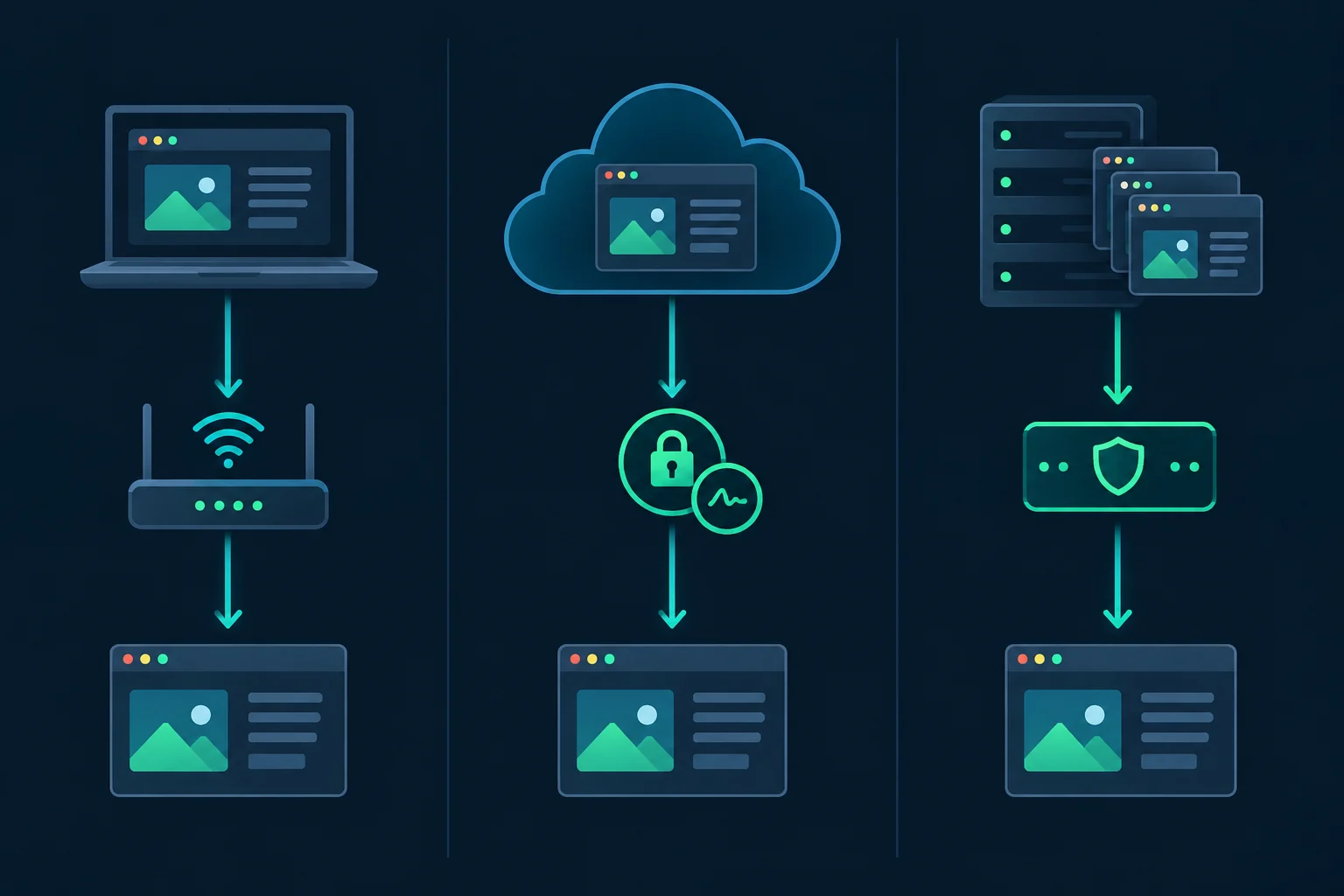 Three agentic browser network paths: local browser on a home connection, vendor-hosted cloud browser, and self-run agent browser on a cloud server routed through a proxy