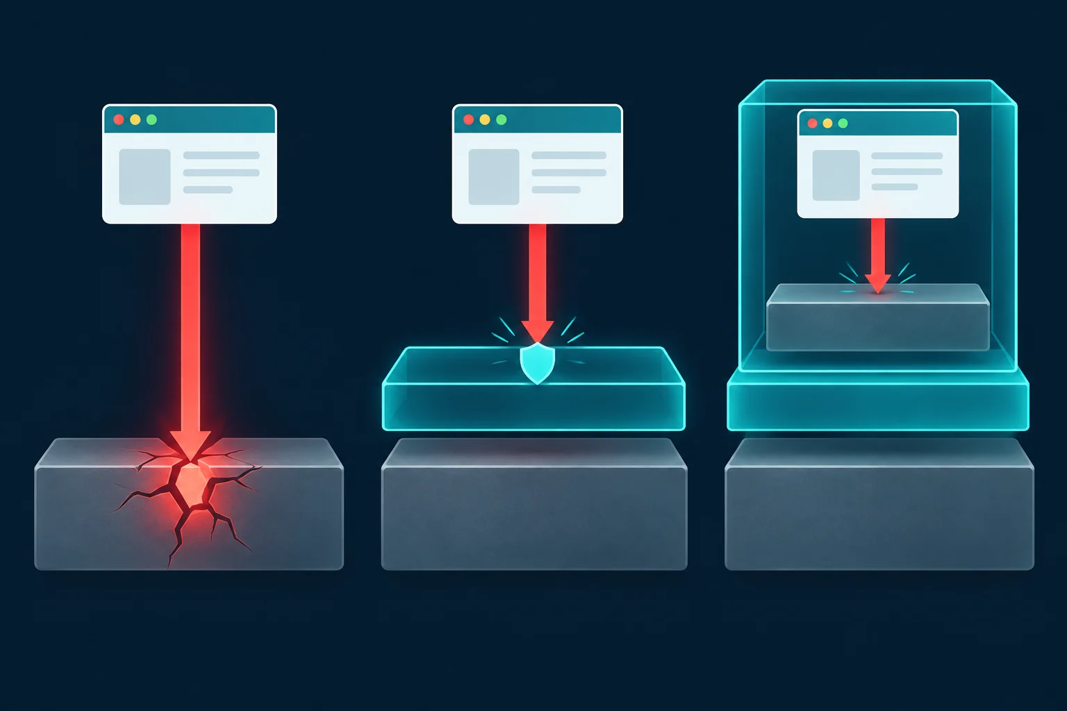 Three AI agent sandbox types side by side, where an attack from a container reaches the shared host kernel, a gVisor user-space kernel stops it above the host, and a microVM stops it at its own guest kernel