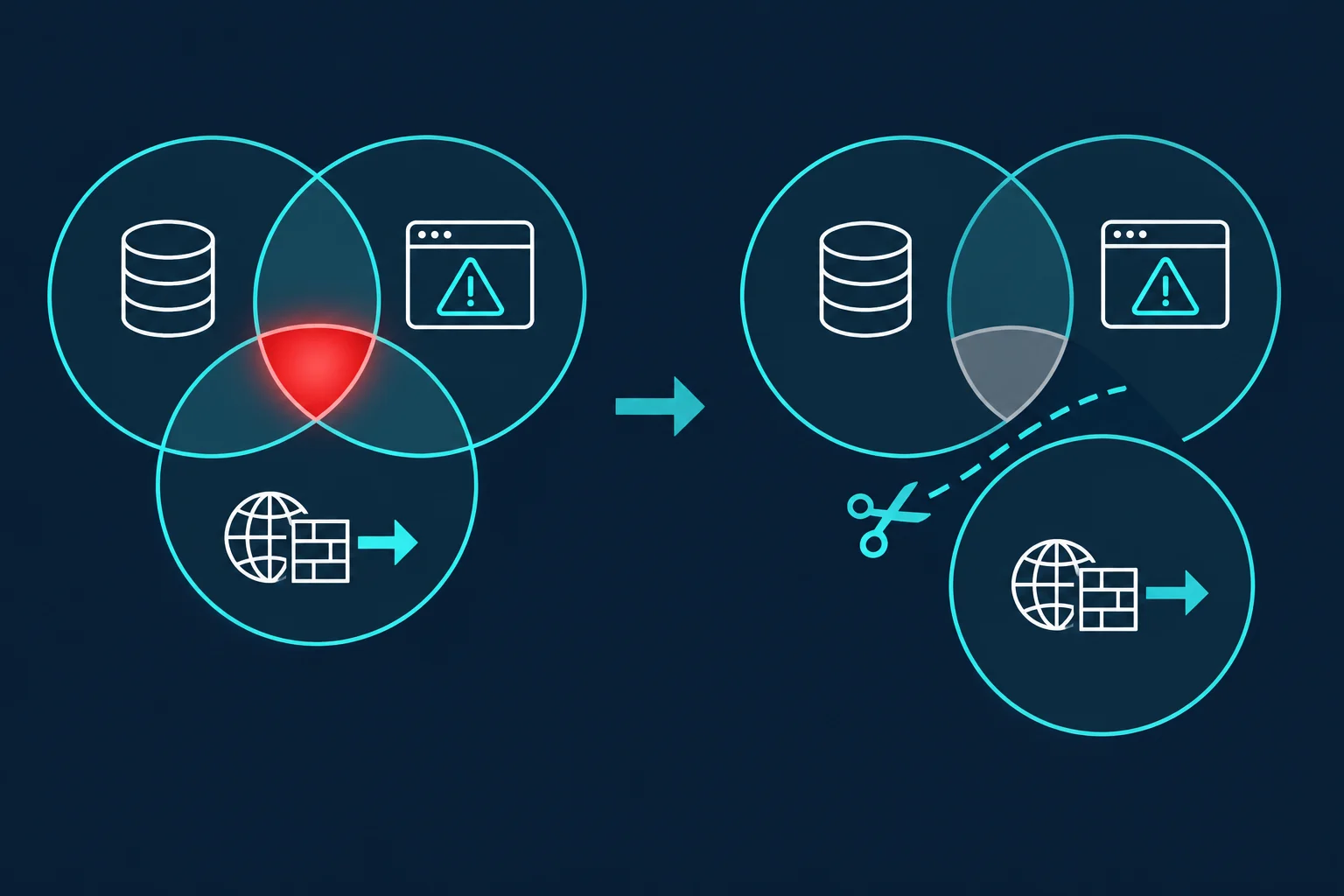 Before and after view of the lethal trifecta, where private data, untrusted content, and outbound communication overlap in a red exploitable zone until the outbound leg is cut away and the overlap turns grey