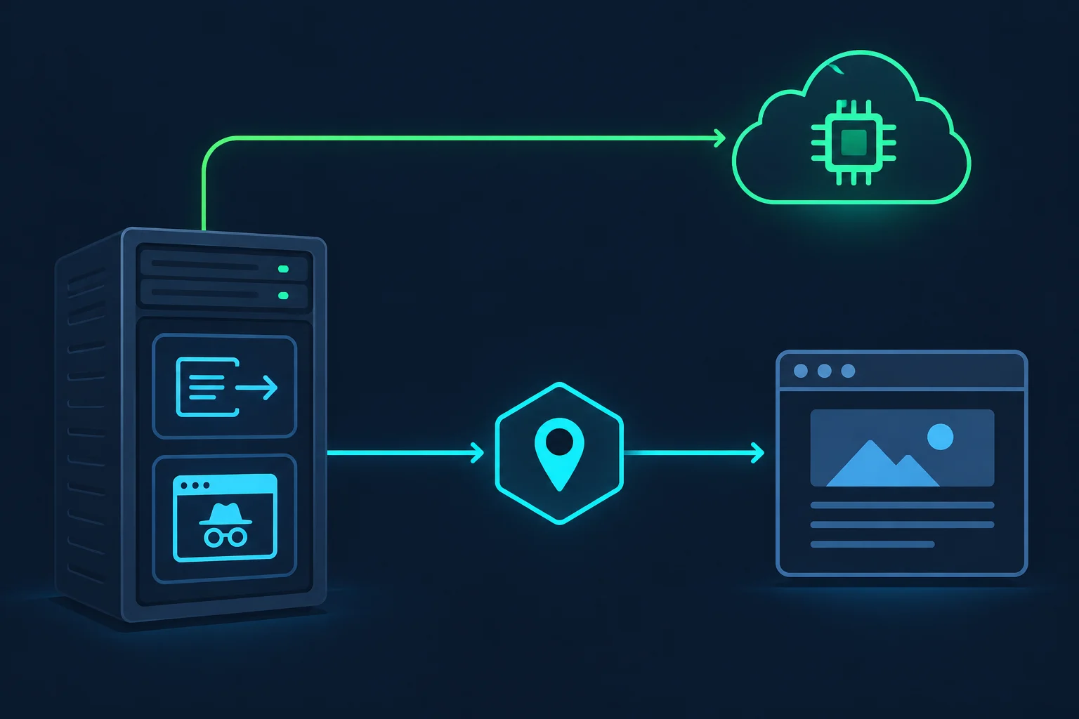 Where the proxy sits in an AI web scraping stack, between the HTTP client or headless browser and the target site, while the LLM API call goes direct