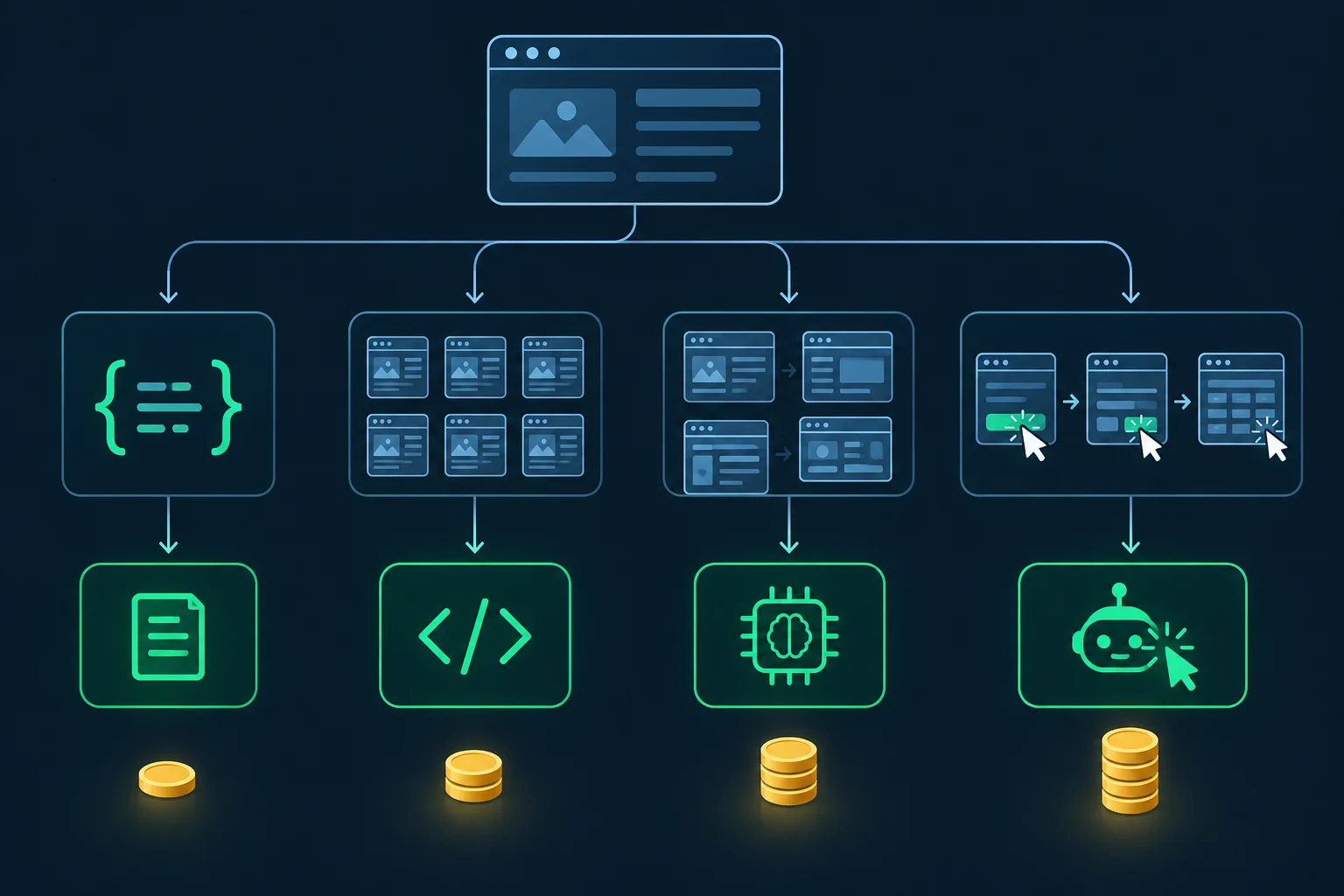 Decision flow for choosing between structured data, CSS selectors, LLM extraction, and a browser agent for each scraping source