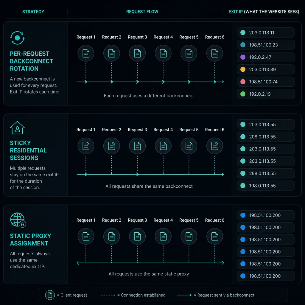 Comparison of per-request, sticky, and static proxy session behavior