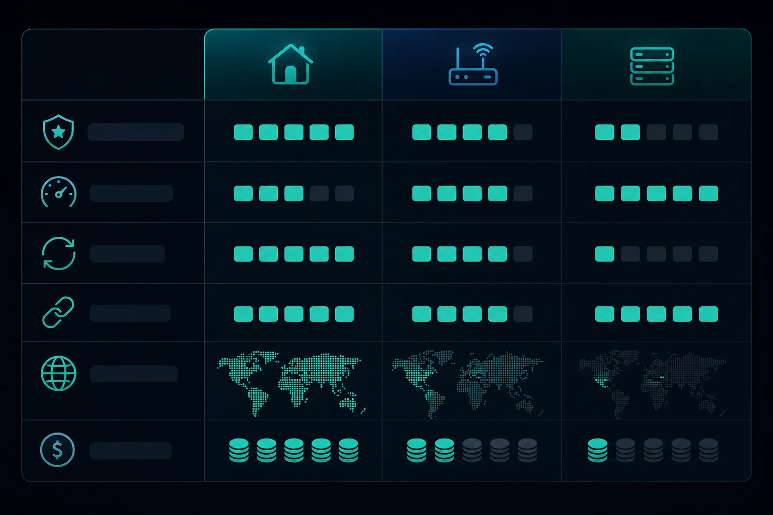 Comparison matrix for residential, ISP, and datacenter proxies in scraping