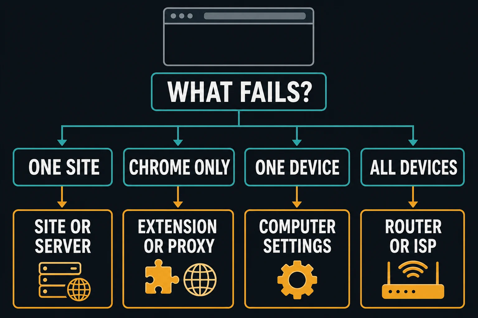 Decision tree for isolating a Chrome proxy and firewall connection error