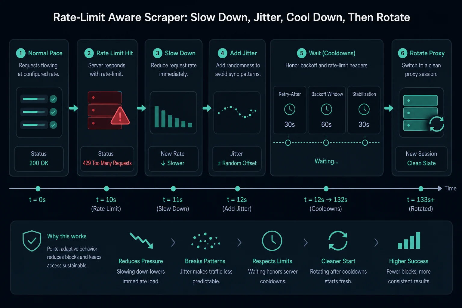 Timeline showing request pacing, cooldowns, and careful proxy rotation after Error 1015