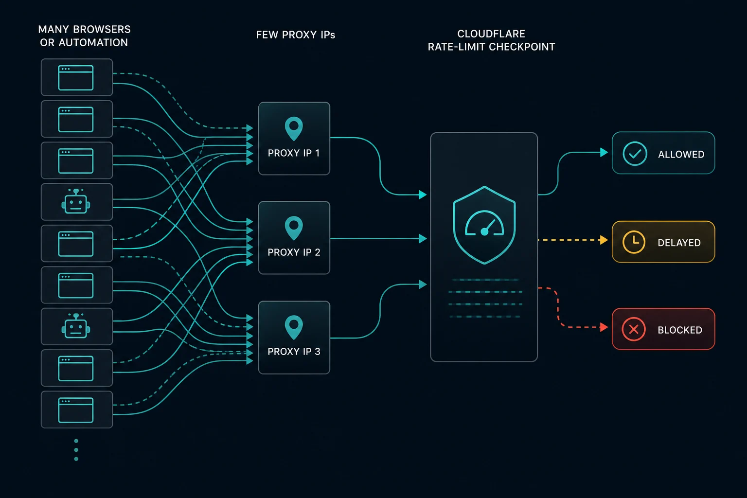 Diagram showing how concentrated request volume can trigger Cloudflare Error 1015