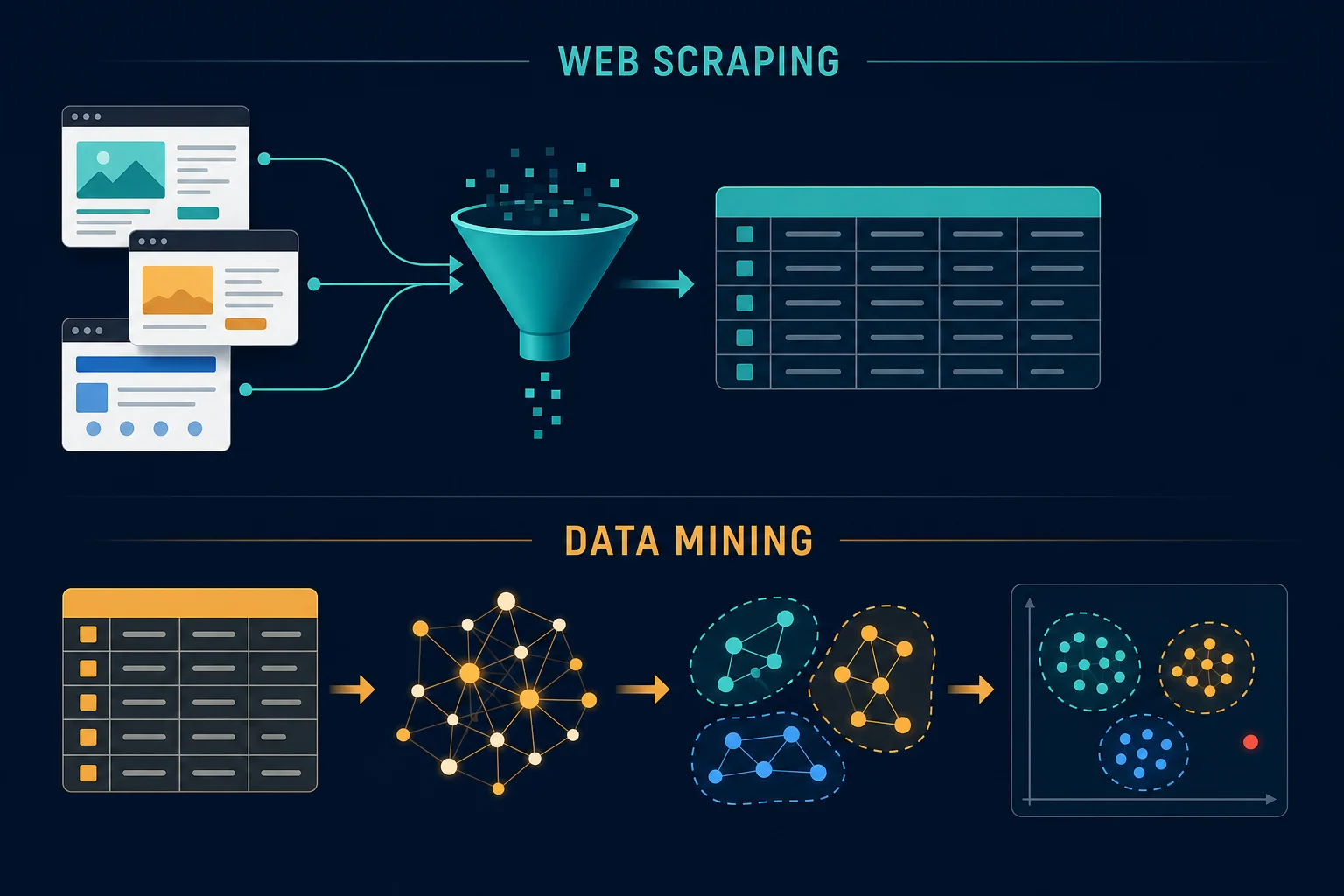 Side-by-side pipeline comparing web scraping data collection with data mining analysis