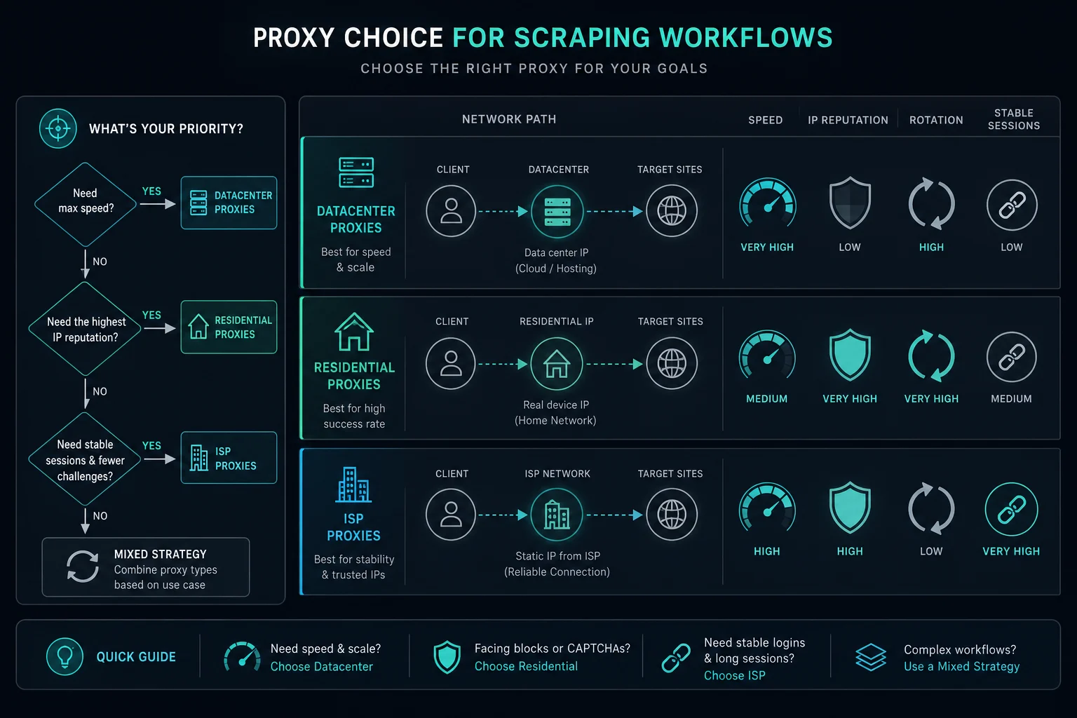 Decision flow comparing datacenter, residential, and ISP proxy use cases