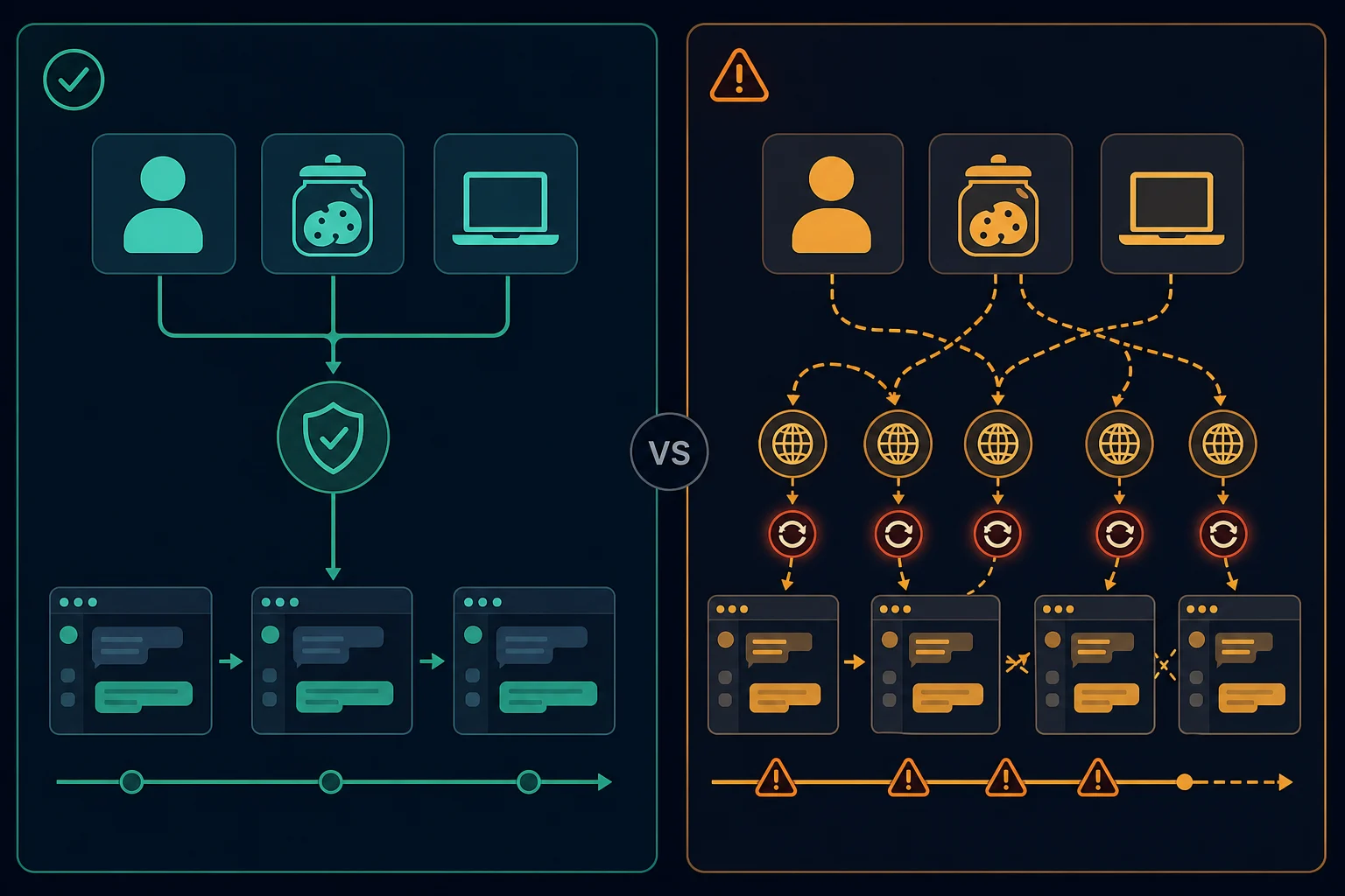 Comparison of a stable Discord session and a rotating session that changes network identity