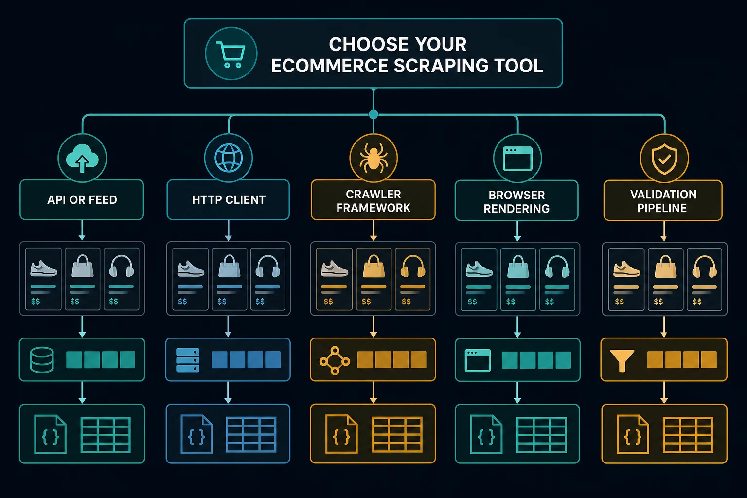 Decision map for choosing an ecommerce scraping tool from API, HTTP client, crawler, browser, and validation needs