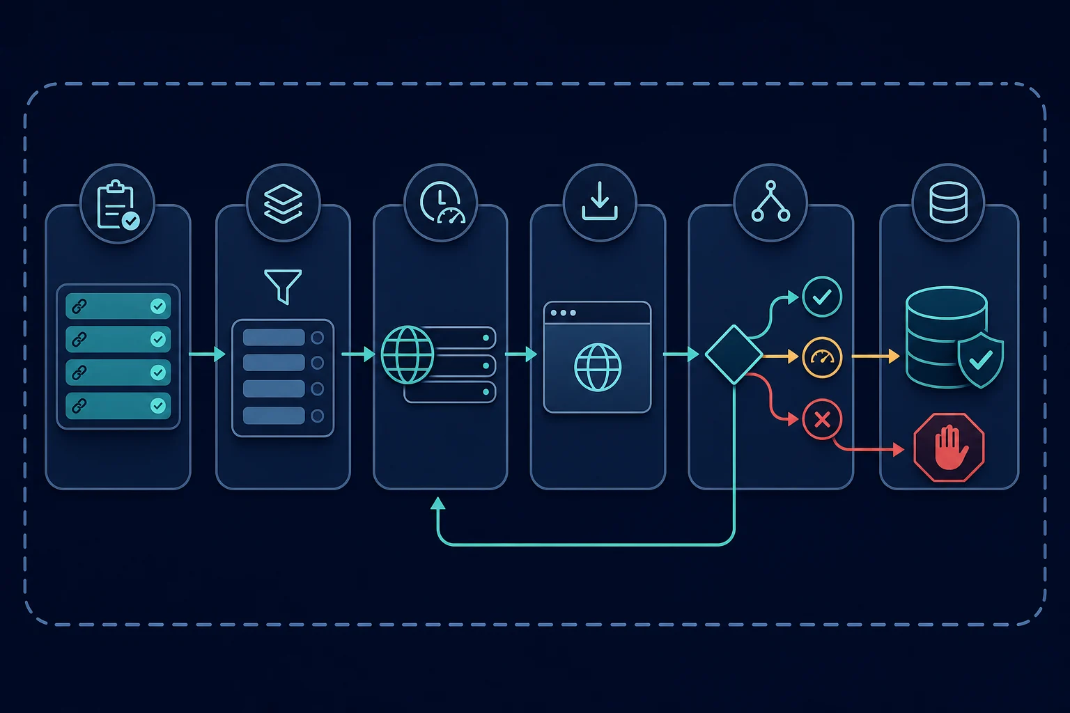 Bounded website crawl flow from approved URL scope through scheduling, fetching, response classification, caching, and stop controls