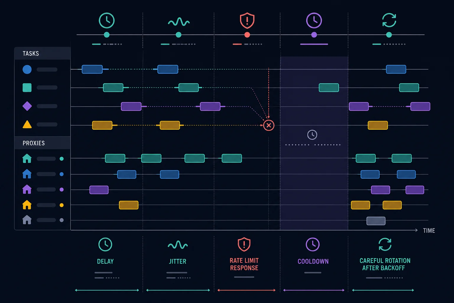 Request pacing and backoff timeline for residential proxy sessions