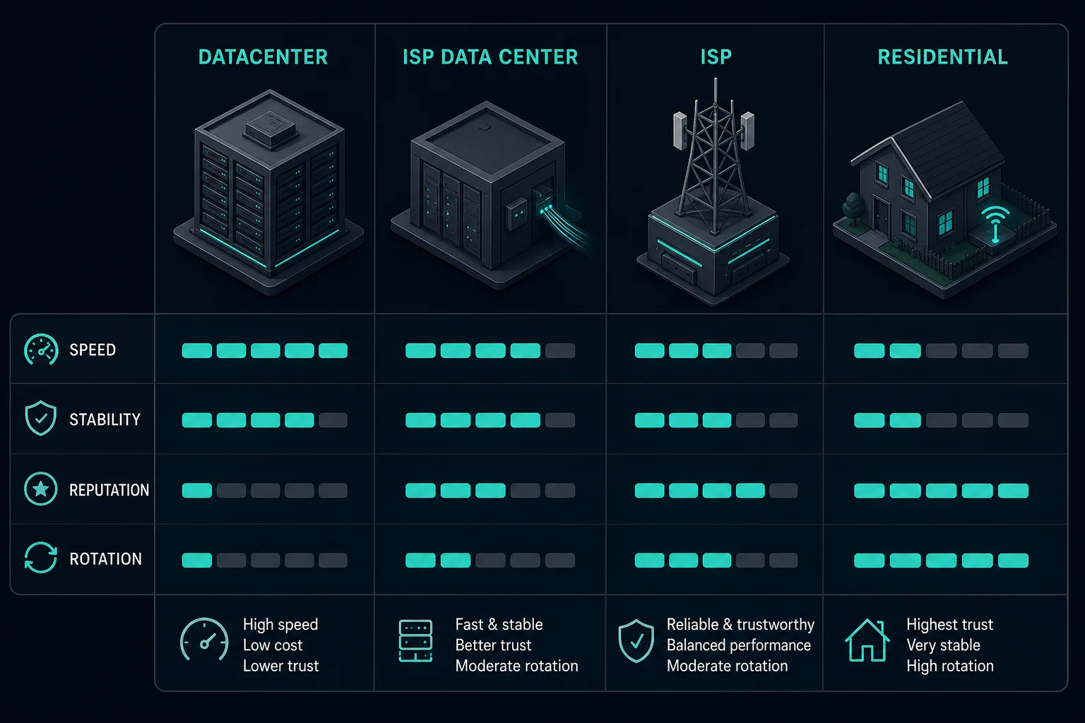 Positioning map showing where ISP data center proxies sit between datacenter, ISP, and residential proxies