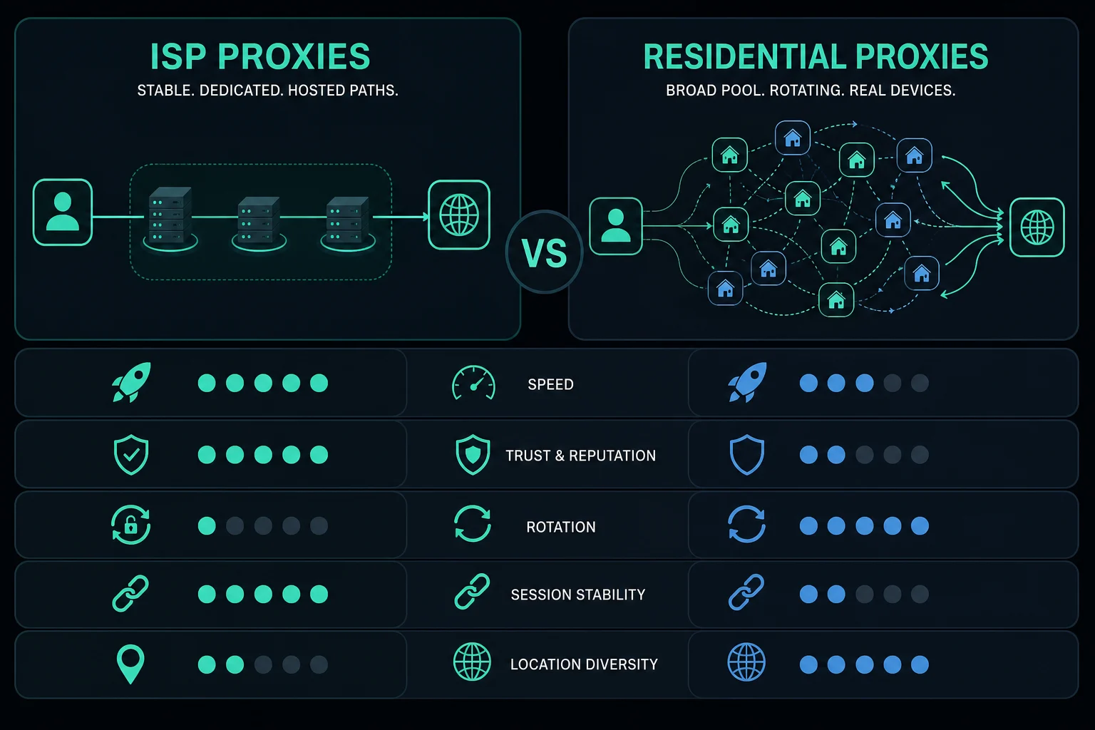 Visual comparison of ISP proxies and residential proxies by speed, trust, rotation, and session stability