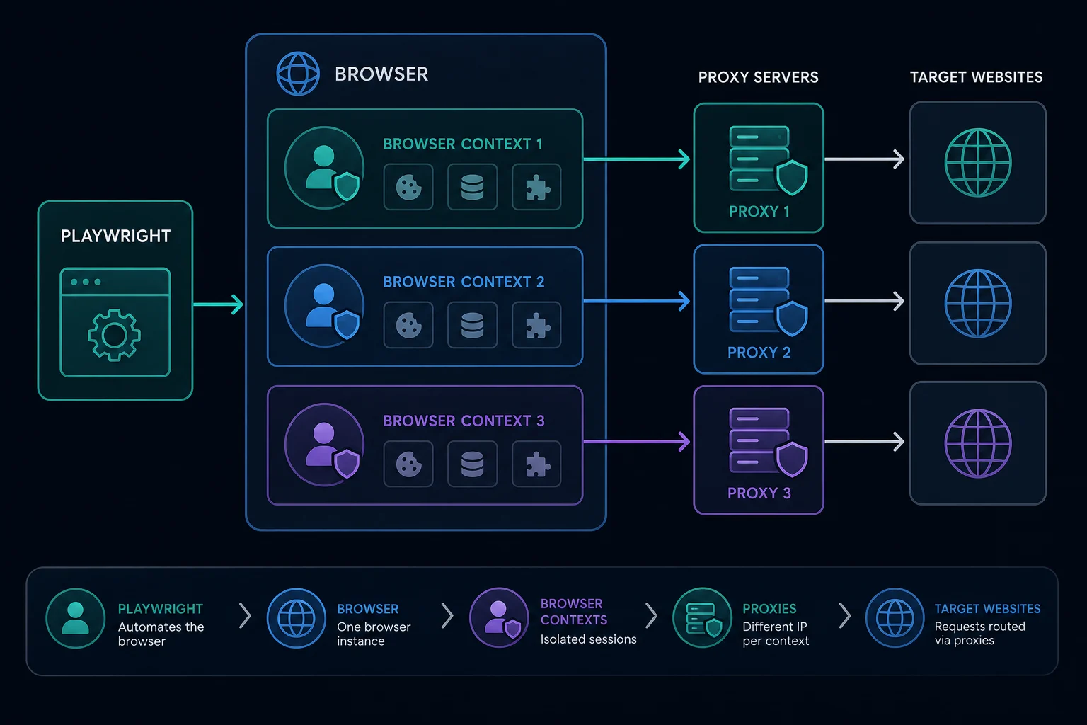 Playwright proxy architecture with one browser and multiple isolated contexts using different proxies