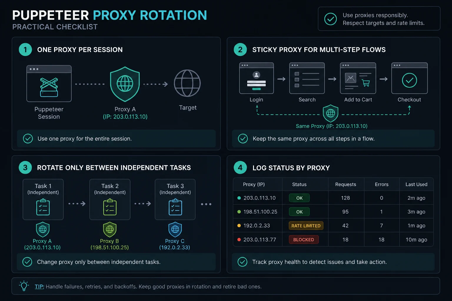Puppeteer proxy rotation checklist for session boundaries, sticky flows, pacing, and logging
