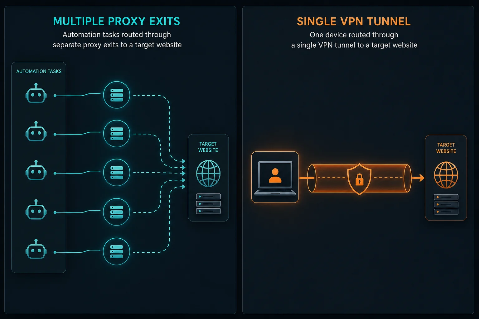 Routing comparison showing per-task proxy exits versus one device-level VPN tunnel