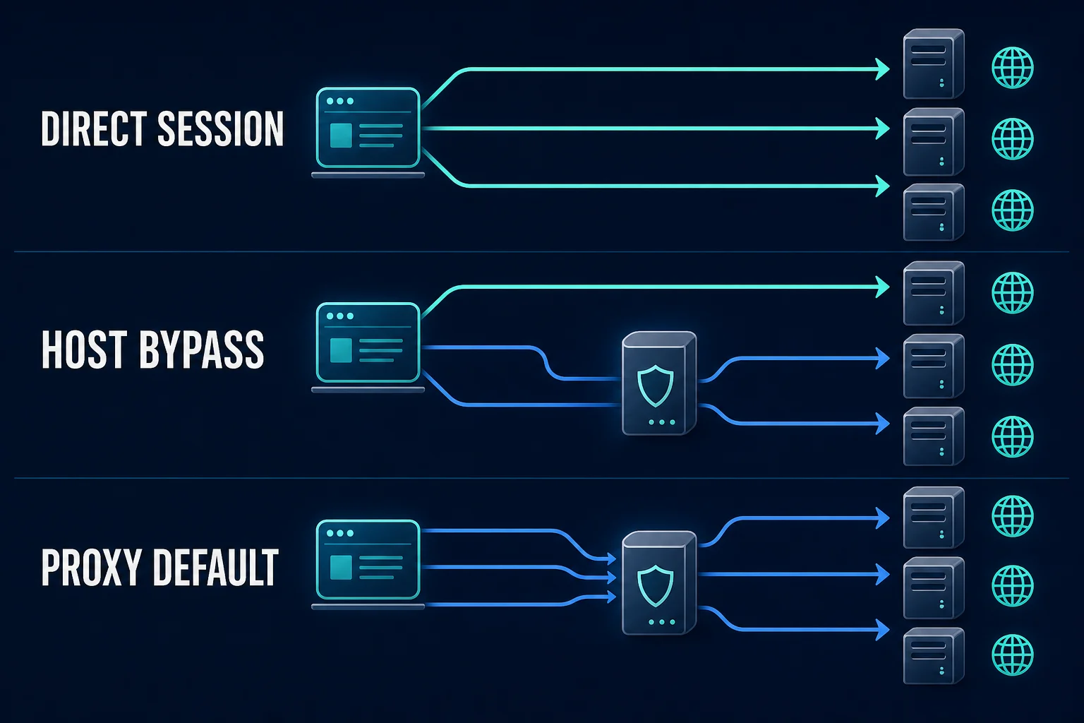 Comparison of session-wide direct routing, host-specific NO_PROXY bypass, and inherited proxy routing