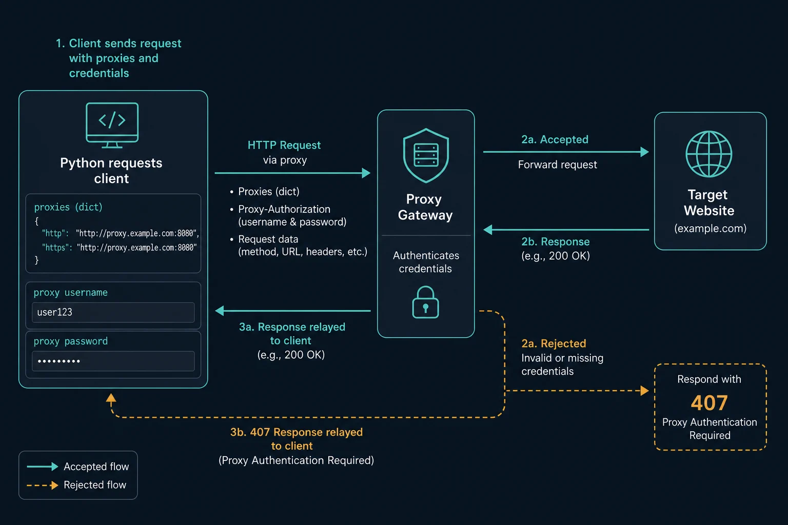 Python requests proxy authentication flow from client credentials to proxy approval or 407 response