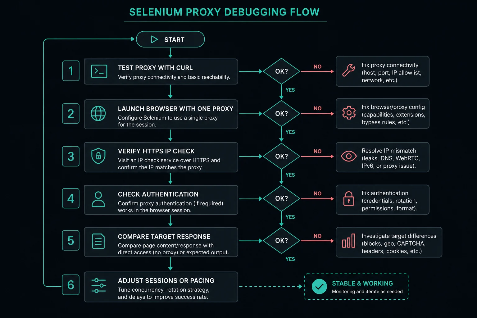 Selenium proxy debugging checklist for curl, browser launch, authentication, HTTPS, and target response checks