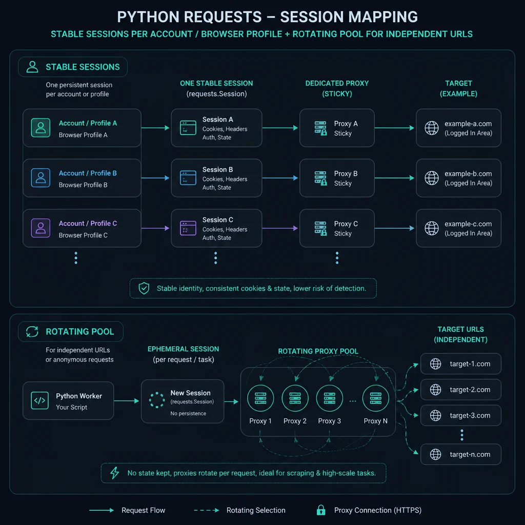 Session mapping for Python requests with sticky and rotating proxy choices
