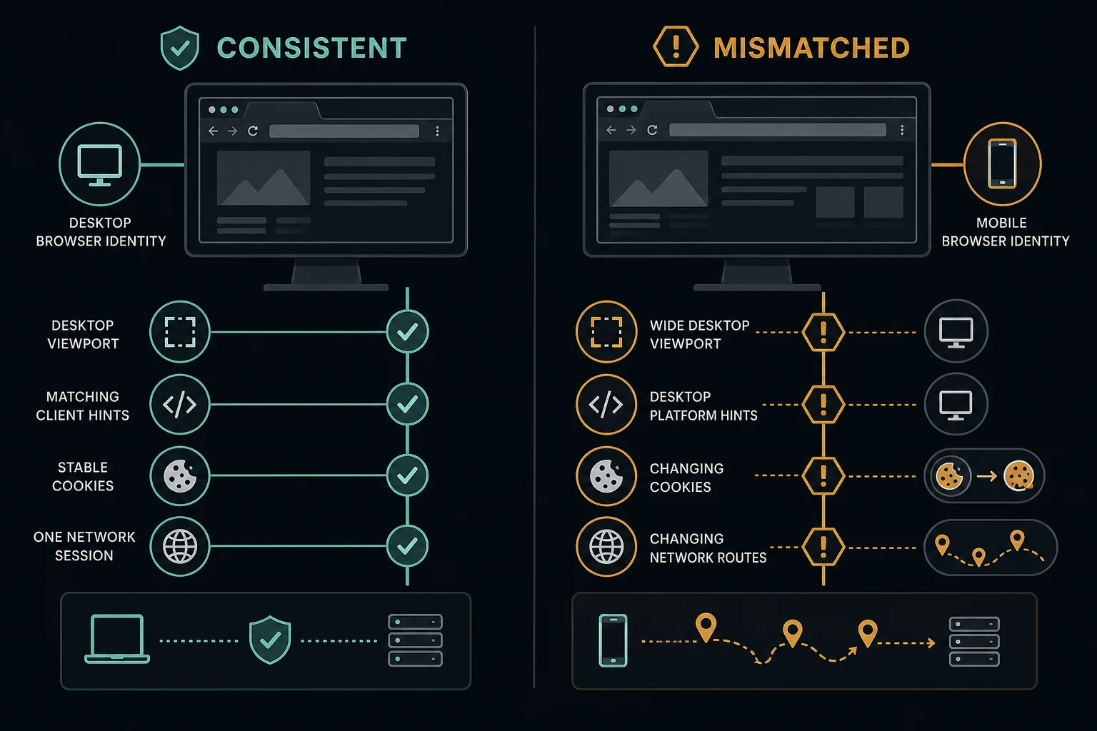 Comparison of a consistent Selenium browser profile with a mismatched mobile user agent and desktop browser signals