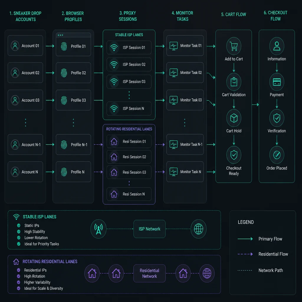 Account, profile, and proxy assignment map for sneaker drop workflows