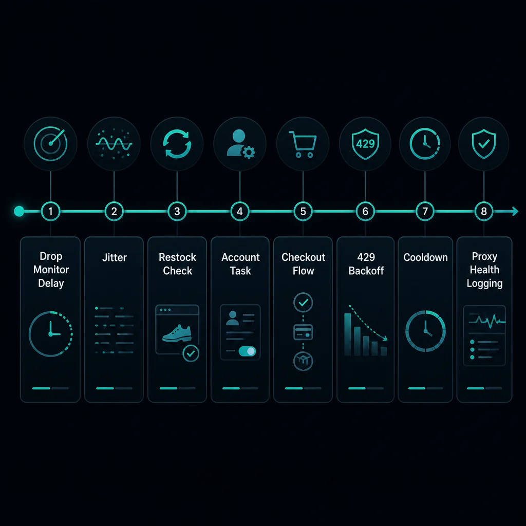 Sneaker drop delay and backoff timeline for monitors and checkout tasks