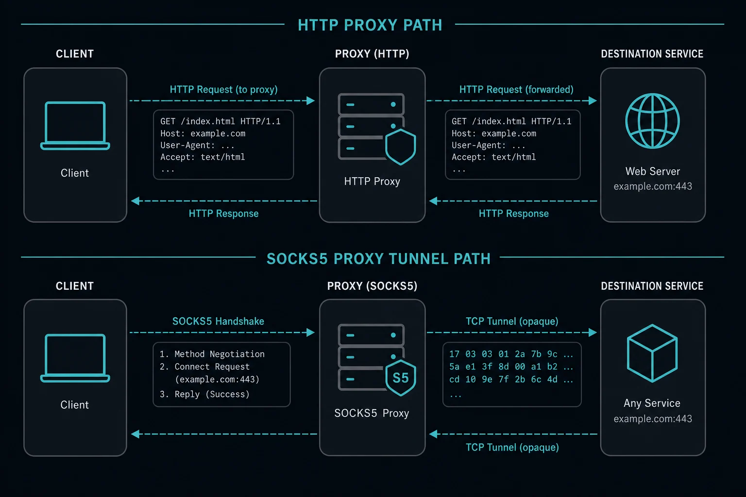 Request path comparison for SOCKS5 and HTTP proxy protocols