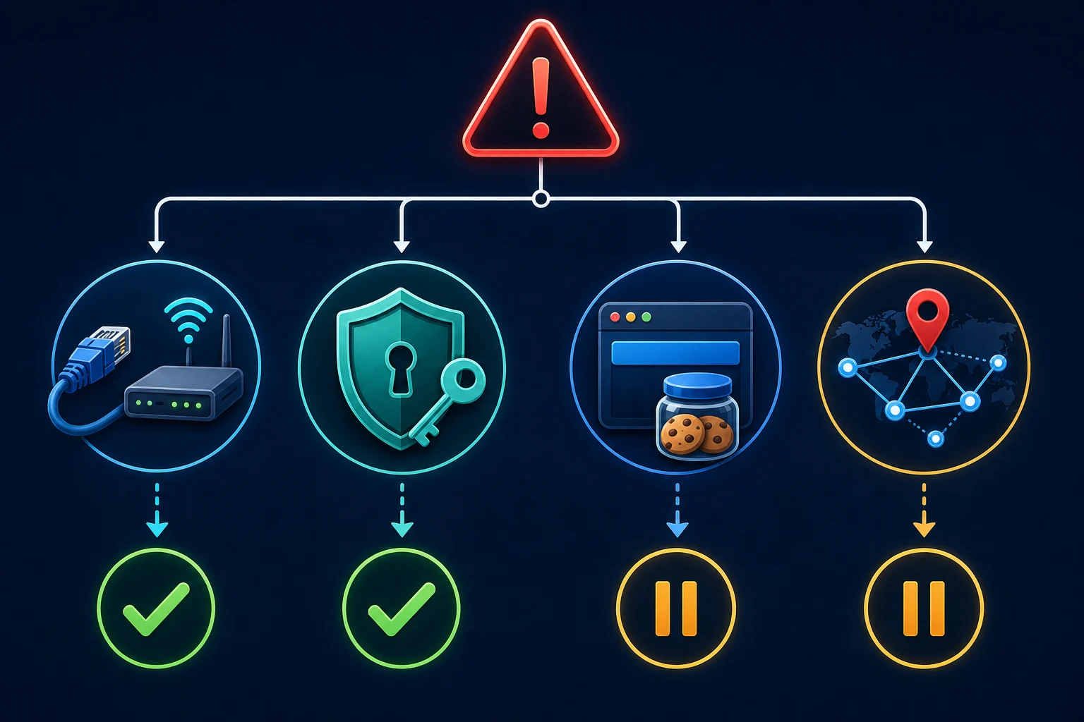 Troubleshooting flow that separates proxy connectivity, account state, session consistency, and IP route issues