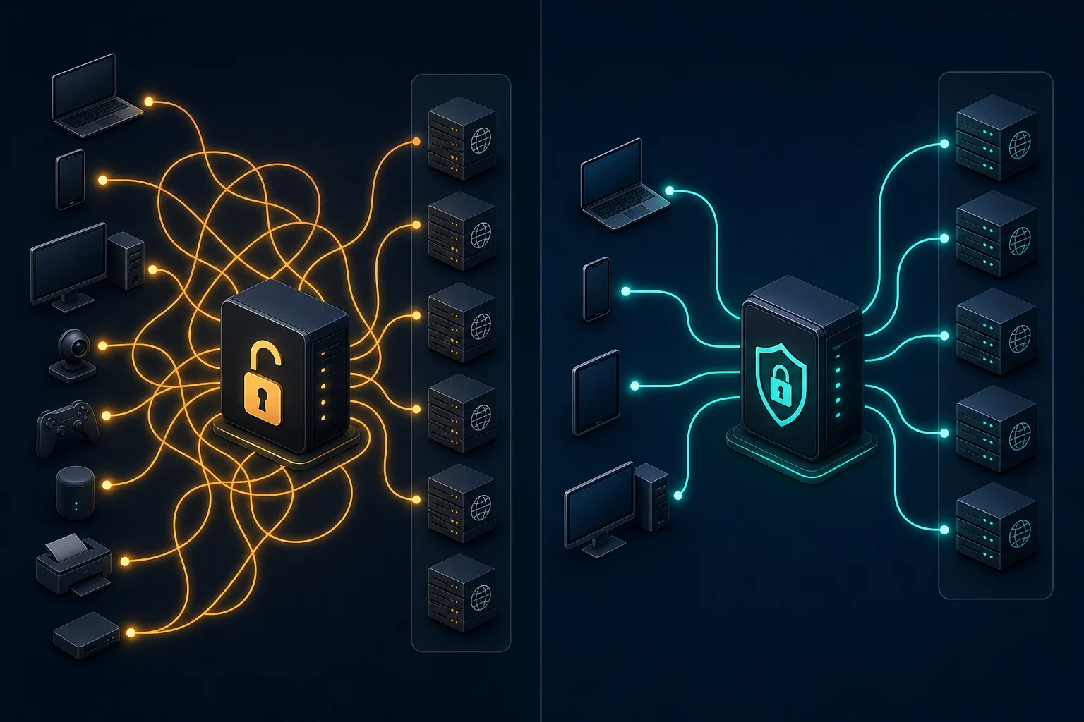 Visual comparison of an unrestricted shared proxy and a private authenticated proxy with isolated authorized connections